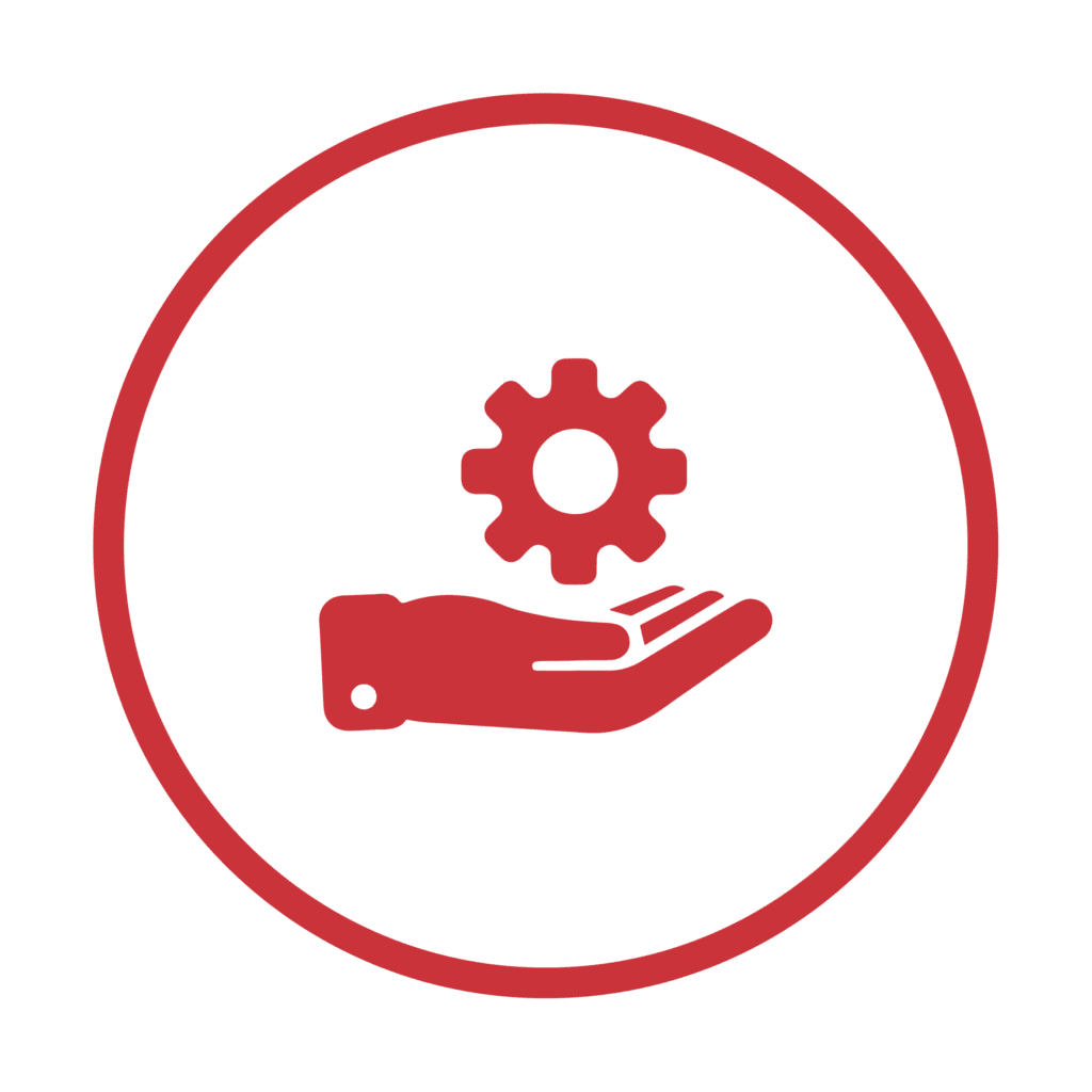 Red hand holding a gear circle icon